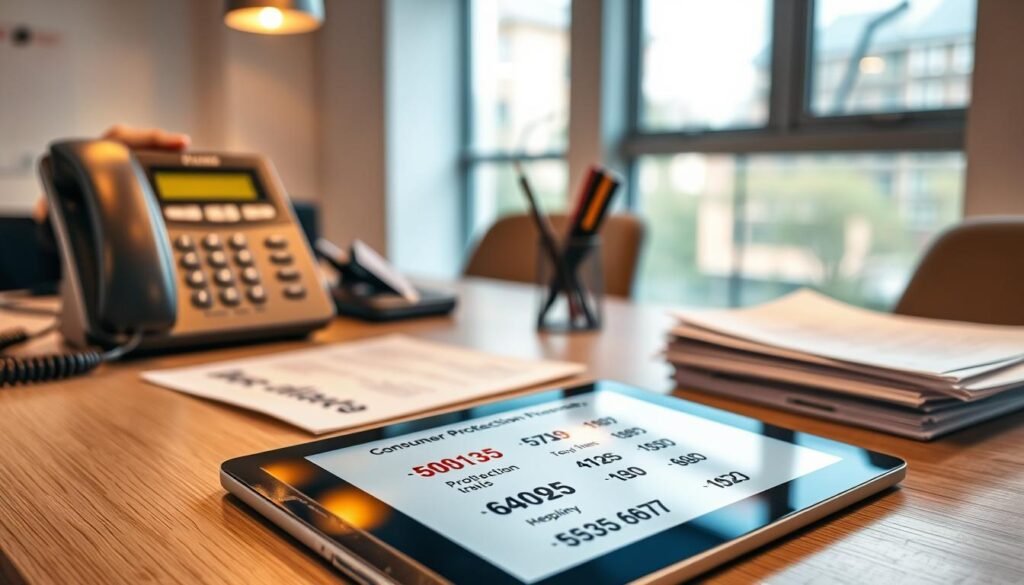 A detailed, well-lit office desk with a landline phone, a pen holder, and a stack of papers neatly arranged. In the foreground, several consumer protection helpline numbers are displayed on a tablet, its screen reflecting the warm, ambient lighting. The background features a modern, minimalist interior with a large window, allowing natural daylight to filter in and create a sense of openness and professionalism. The overall atmosphere conveys a reassuring and trustworthy environment for citizens to seek assistance with their consumer-related concerns.