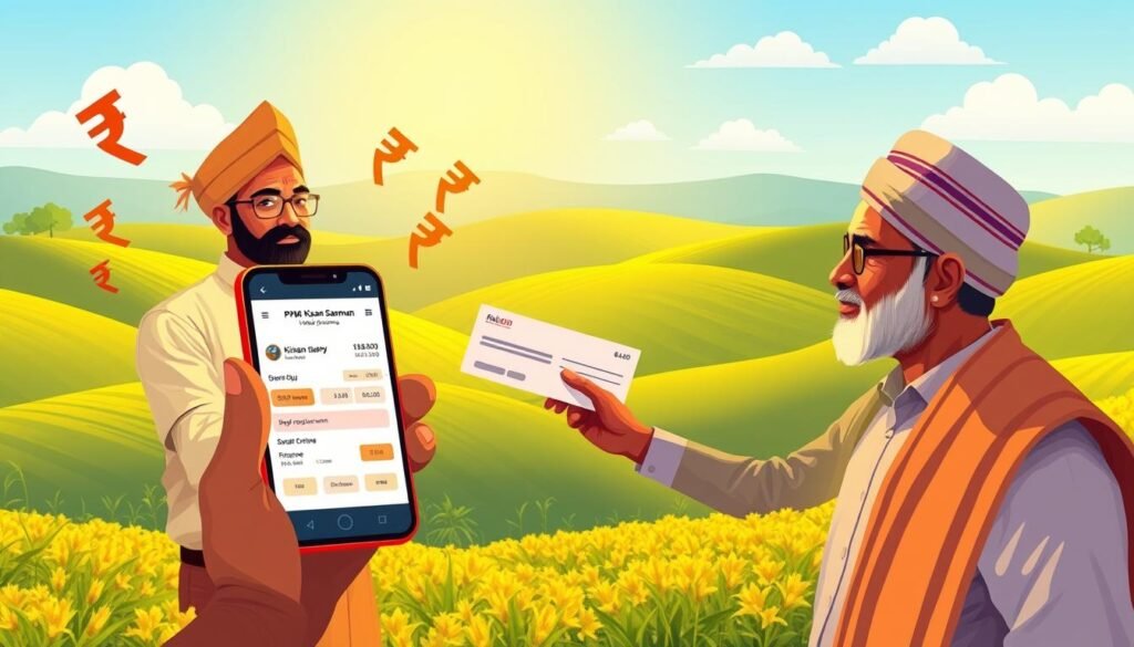 A digital illustration depicting the PM Kisan Samman Nidhi Scheme payments. In the foreground, a farmer holds a mobile phone displaying transaction details, with rupee currency symbols floating around. In the middle ground, a government official hands over a check to the farmer, conveying the financial support. The background features a lush, verdant agricultural landscape with rolling hills, swaying crops, and a clear blue sky. The scene is illuminated by warm, diffused lighting, creating a sense of optimism and prosperity. The overall mood is one of gratitude, empowerment, and the government's commitment to supporting the farming community.