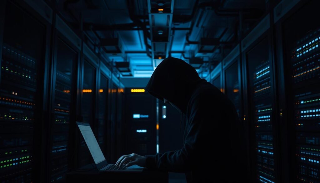 A dimly lit data center, the glow of computer screens casting shadows across the room. In the foreground, a figure clad in a dark hoodie hunched over a laptop, fingers tapping furiously. Servers hum in the background, their blinking lights a silent witness to the potential breach. Overhead, security cameras track every movement, a constant reminder of the need for vigilance. The atmosphere is tense, the air thick with the weight of data privacy and security concerns. A single misstep could unleash a cascade of consequences, putting critical infrastructure at risk. The scene evokes a sense of unease, a cautionary tale of the vulnerabilities that lurk within the digital realm.