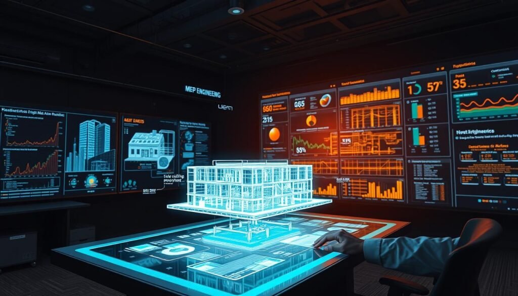 A dimly lit, futuristic MEP engineering office, with a holographic projection of a complex 3D building model hovering above a sleek, touchscreen workstation. The model is manipulated by an engineer's hands, surrounded by floating data visualizations and AI-generated design recommendations. In the background, a massive wall-sized display showcases real-time building performance metrics, energy consumption, and predictive maintenance alerts - all powered by advanced artificial intelligence systems. The atmosphere is one of cutting-edge technology, innovation, and the seamless integration of human expertise and intelligent automation in the modern MEP engineering workflow. A dimly lit, futuristic MEP engineering office, with a holographic projection of a complex 3D building model hovering above a sleek, touchscreen workstation. The model is manipulated by an engineer's hands, surrounded by floating data visualizations and AI-generated design recommendations. In the background, a massive wall-sized display showcases real-time building performance metrics, energy consumption, and predictive maintenance alerts - all powered by advanced artificial intelligence systems. The atmosphere is one of cutting-edge technology, innovation, and the seamless integration of human expertise and intelligent automation in the modern MEP engineering workflow.