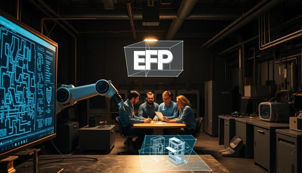 A dimly lit industrial workspace, the air thick with the hum of machinery. In the foreground, a computer screen displays complex MEP (Mechanical, Electrical, and Plumbing) engineering schematics, the lines and symbols dancing across the display. Beside it, a robotic arm moves with precision, seamlessly integrating AI-driven automation into the design process. In the middle ground, a team of engineers huddles around a conference table, brows furrowed as they pore over holographic projections, discussing the challenges of incorporating AI into their workflows. The lighting casts dramatic shadows, adding a sense of tension and anticipation to the scene. The background is a blend of high-tech equipment and the familiar tools of the trade - CAD workstations, 3D printers, and an array of specialized engineering instruments. The overall atmosphere conveys the struggle to balance the promise of AI with the realities of traditional MEP engineering practices. A dimly lit industrial workspace, the air thick with the hum of machinery. In the foreground, a computer screen displays complex MEP (Mechanical, Electrical, and Plumbing) engineering schematics, the lines and symbols dancing across the display. Beside it, a robotic arm moves with precision, seamlessly integrating AI-driven automation into the design process. In the middle ground, a team of engineers huddles around a conference table, brows furrowed as they pore over holographic projections, discussing the challenges of incorporating AI into their workflows. The lighting casts dramatic shadows, adding a sense of tension and anticipation to the scene. The background is a blend of high-tech equipment and the familiar tools of the trade - CAD workstations, 3D printers, and an array of specialized engineering instruments. The overall atmosphere conveys the struggle to balance the promise of AI with the realities of traditional MEP engineering practices.