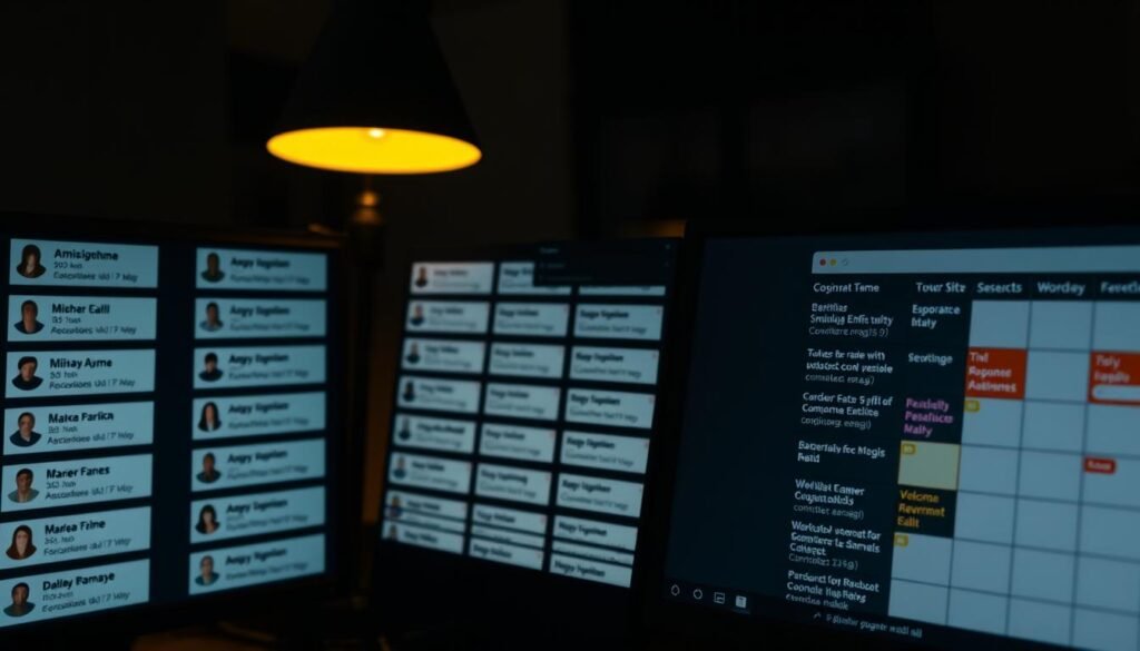 A dimly lit office interior, the desk illuminated by a warm glow from a desk lamp. Rows of government email contacts neatly organized in digital folders, their icons representing various ministries and departments. The desktop computer screen displays a color-coded calendar, highlighting response times for each contact. A sense of order and efficiency pervades the scene, conveying the importance of understanding communication channels within the government bureaucracy. The angle is slightly elevated, giving a birds-eye view of the workspace, emphasizing the meticulousness required to navigate the complex web of government email interactions.