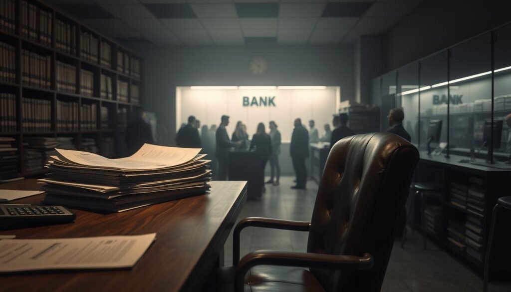 A dimly lit office interior, with a wooden desk and leather chair in the foreground. On the desk, a stack of loan application files and a calculator, symbolizing the lending process. In the middle ground, a bank teller's counter with a long queue of customers, representing the increased demand for loans. The background is hazy, with shelves of financial records lining the walls, casting an air of uncertainty and concern. Soft, directional lighting creates dramatic shadows, emphasizing the gravity of the situation facing lending institutions. The overall atmosphere conveys the impact of relaxed credit requirements on the day-to-day operations and decision-making processes of the financial institution.