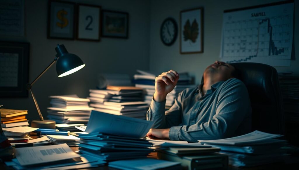 A dimly lit office scene, with a pensive lender seated at a cluttered desk, surrounded by stacks of loan applications and financial documents. Soft shadows cast across the room, creating an atmosphere of concern and uncertainty. The lender's expression is one of deep thought, as they grapple with the challenges of assessing creditworthiness without a CIBIL score for first-time borrowers. In the background, a looming deadline on the calendar adds to the sense of pressure and the need to make difficult decisions. The lighting is a mix of warm desk lamp and cool ambient light, creating a contemplative mood. The camera angle is slightly elevated, giving a sense of the lender's perspective and the weight of their responsibilities.