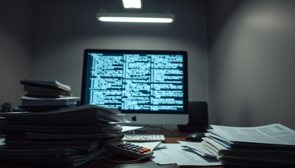 A dimly lit office setting, the harsh fluorescent lighting casting a sterile glow over a cluttered desk. Stacks of papers, dog-eared tax forms, and a well-worn calculator occupy the foreground, evoking the tedious task of navigating income tax regulations. In the middle ground, a computer monitor displays a complex web of tax code, its dense text and numerical data a visual representation of the intricate bureaucracy. The background fades into a hazy, neutral backdrop, emphasizing the isolated, solitary nature of the tax-filing process. The overall mood is one of administrative fatigue and the weight of regulatory compliance.