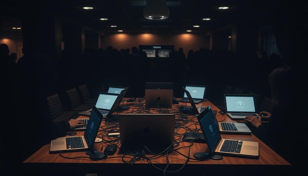 A dimly lit public space with a central wooden table, its surface covered in a tangle of cords and laptops. Sleek, modern devices emit a soft glow, their screens displaying network connection status icons. The air is charged with a sense of cautious connectivity, as figures shrouded in shadow navigate the precarious balance between convenience and security. Overhead, a discreet security camera watches vigilantly, its unblinking eye a reminder of the potential risks of public Wi-Fi. The scene conveys the delicate nature of maintaining digital privacy in an increasingly connected world.