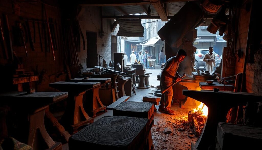A dimly lit smithy, the glow of a forge casting shadows upon ancient anvils and tools. Hammered ingots of Wootz steel, their distinctive wavy patterns catching the firelight, a testament to India's metallurgical mastery. Skilled hands shape the metal, forging blades with precision and care, the ringing of steel on steel echoing through the workshop. The air is thick with the scent of charcoal and the crackle of the fire, as the metallurgist carefully controls the temperature and composition, coaxing the steel to reveal its hidden depths. In the background, glimpses of the bustling streets outside, a reminder of the wider world beyond this forge, where the legacy of Wootz steel endures.