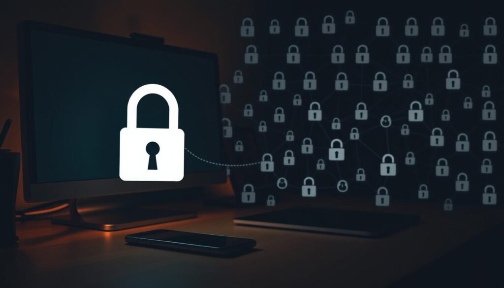 A dimly lit workspace with a desktop computer, smartphone, and tablet arranged on a wooden desk. The lighting is warm and ambient, creating a contemplative atmosphere. In the foreground, a padlock icon hovers over the devices, symbolizing the importance of digital security. The middle ground features a network of interconnected social media icons, suggesting the complex web of online interactions. In the background, a subtle pattern of padlock symbols and data streams creates a sense of depth and technological underpinnings. The overall composition conveys the theme of maintaining social media safety in a digital world.