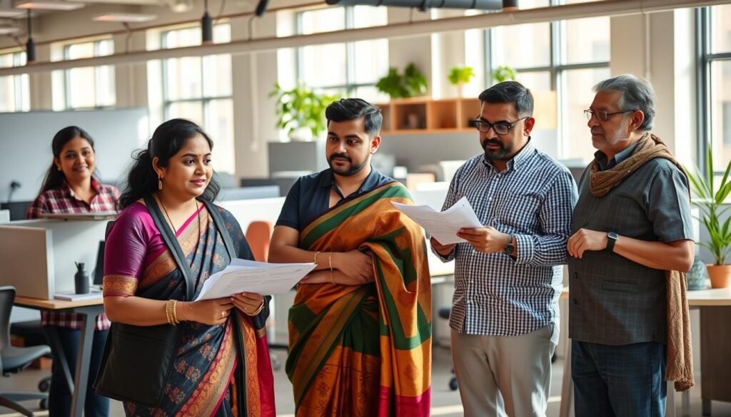 A diverse group of SC/ST entrepreneurs standing confidently in a modern coworking space. Sunlight streams through large windows, casting a warm glow on their faces. In the foreground, a young woman in a vibrant sari discusses financial projections with her business partner, a man in a well-tailored suit. In the middle ground, two older entrepreneurs, a man and a woman, review prototype designs for a new product. The background features a mix of cubicles, whiteboards, and potted plants, conveying a sense of productivity and innovation. The overall atmosphere is one of empowerment, collaboration, and the promise of success.