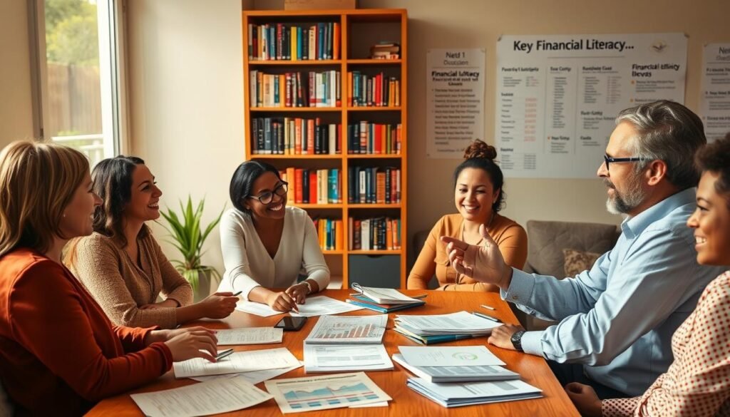 A diverse group of individuals, representing different demographics, sits around a table, engaged in a lively discussion on financial planning. The scene is bathed in warm, natural lighting, creating a comfortable and inviting atmosphere. In the foreground, a financial advisor gestures animatedly, explaining complex concepts using visual aids and handwritten notes. The middle ground features various financial documents, including investment portfolios, bank statements, and retirement planning materials. In the background, a bookshelf filled with finance-related books and a wall display showcasing key financial literacy concepts create a sense of expertise and education. The overall impression conveys the importance of financial education and the collaborative nature of achieving financial well-being.