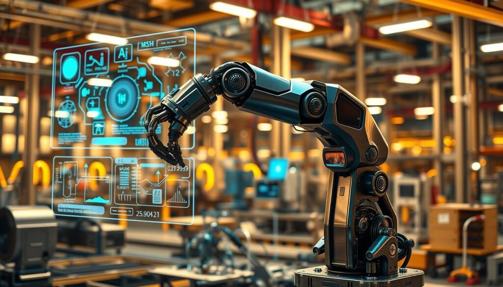 A dynamic fusion of mechanical engineering and AI, showcasing the cutting-edge intersection of these disciplines. In the foreground, a sleek, metallic robotic arm effortlessly manipulates intricate components, its precise movements guided by advanced algorithms. In the middle ground, holographic displays project real-time data and simulations, allowing engineers to visualize and optimize complex systems. The background depicts a futuristic factory floor, where autonomous vehicles and intelligent manufacturing equipment seamlessly work in harmony, powered by the synergy of mechanical expertise and AI-driven innovation. Warm, diffused lighting casts a futuristic glow, highlighting the harmony between the organic and the technological. The scene captures the essence of mechanical engineering evolving in the AI era, where human ingenuity and machine intelligence converge to push the boundaries of innovation.