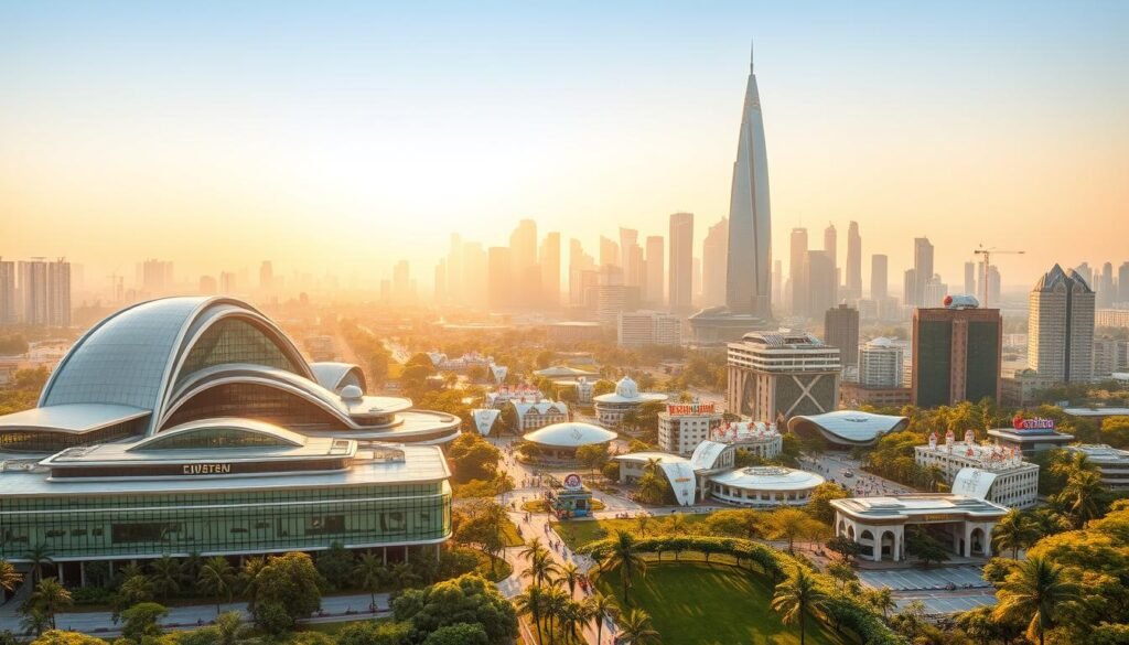 A dynamic, futuristic cityscape of EdTech India, bathed in warm, golden light. In the foreground, a cluster of modern, glass-and-steel educational campuses, their sleek architecture reflecting the rapid technological advancements transforming the industry. In the middle ground, a bustling hub of EdTech startups and incubators, their vibrant logos and signage emblematic of the entrepreneurial spirit driving innovation. In the background, a towering skyline of skyscrapers, symbolizing the scale and ambition of the EdTech sector's growth. The scene conveys a sense of progress, possibility, and the promise of a future where education and technology converge to empower learners across India.