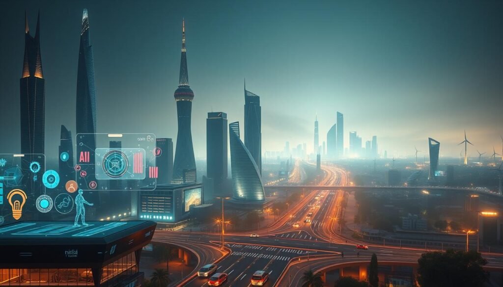 A futuristic cityscape in Digital India, with towering skyscrapers and gleaming spires reaching towards the sky. In the foreground, holographic displays and transparent screens showcase the latest advancements in AI, blockchain, and Internet of Things. The middle ground features a bustling intersection of autonomous vehicles, drones, and pedestrians seamlessly navigating the smart infrastructure. In the background, a hazy, luminescent skyline is illuminated by the glow of renewable energy sources, symbolizing the sustainable technological transformation. The scene is bathed in a warm, diffused light, creating a sense of optimism and progress for India's digital future.