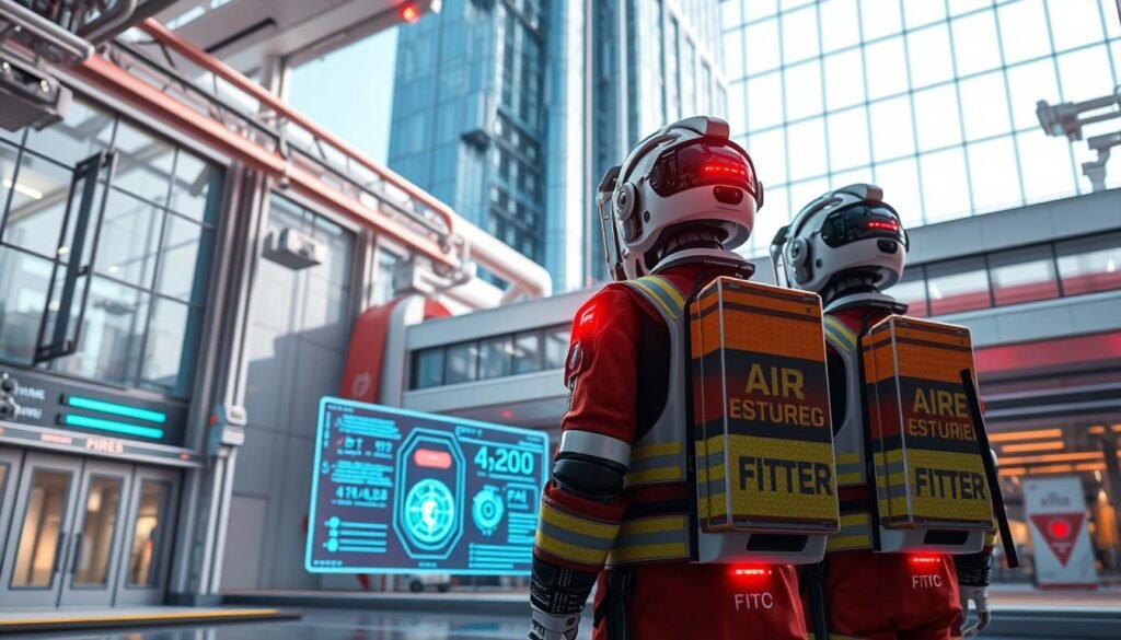 A futuristic fire station, with AI-powered sensors and smart systems seamlessly integrated into the architecture. In the foreground, sleek robotic firefighters equipped with thermal imaging and autonomous response protocols stand ready. In the middle ground, a holographic control center displays real-time data on fire conditions, evacuation routes, and resource allocation. The background features a towering, glass-paneled facade, allowing natural light to flood the interior and highlighting the building's energy-efficient design. The scene conveys a sense of advanced technology working in harmony with fire safety, creating a safer, more resilient built environment.