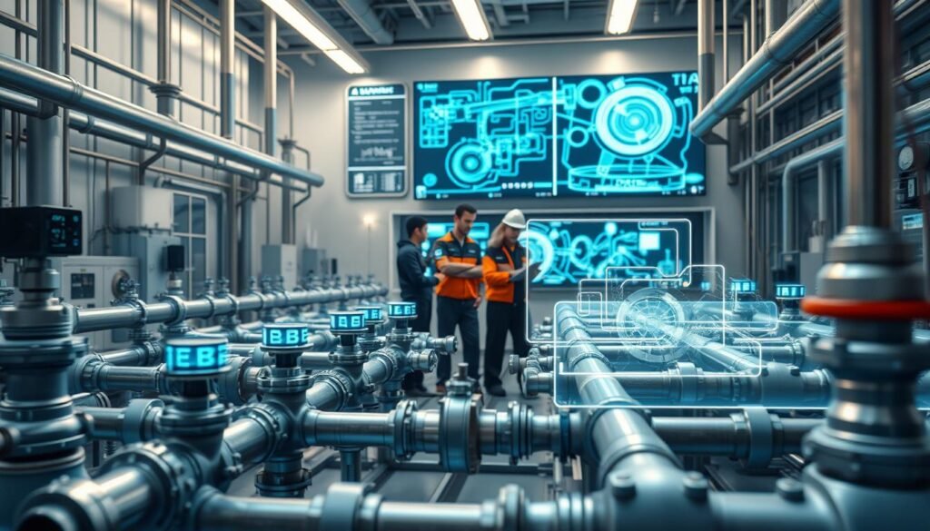 A futuristic industrial setting with a central focus on a plumbing system. In the foreground, a network of interconnected pipes and valves with sensors and diagnostic displays, showcasing real-time data analytics. In the middle ground, a team of plumbers and engineers collaborating around a holographic interface, analyzing predictive maintenance algorithms. In the background, a sleek, high-tech control room with large screens displaying complex fluid dynamics simulations powered by machine learning models. Soft, ambient lighting creates a sense of technological sophistication, while the overall composition emphasizes the seamless integration of traditional plumbing expertise and cutting-edge AI-driven solutions.