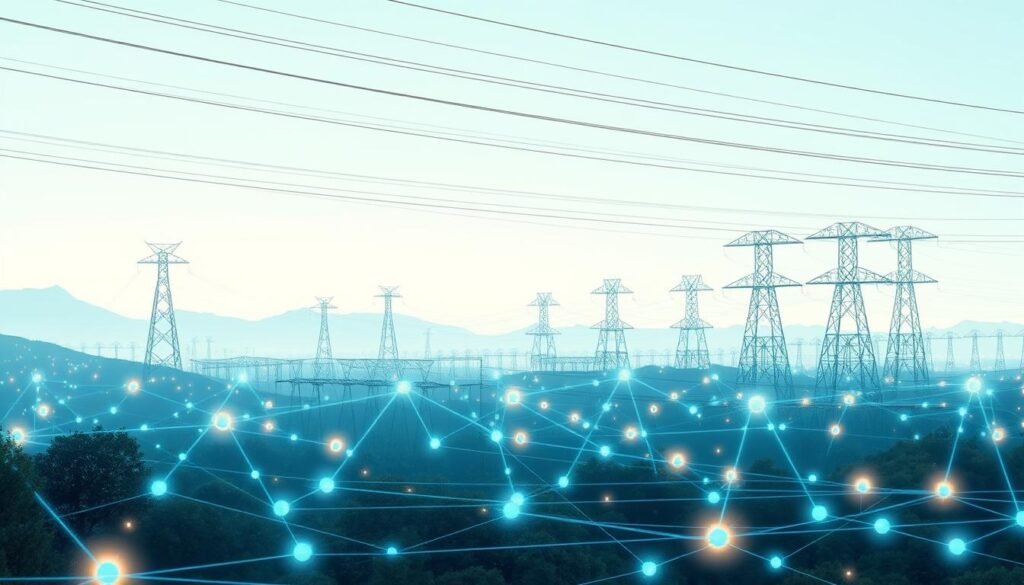 A futuristic landscape of a self-healing electrical grid, bathed in a soft blue-green glow. In the foreground, intelligent power nodes pulsate with dynamic energy, seamlessly monitoring and rerouting power flows. The middle ground features a network of sleek, interconnected transmission lines, dancing with AI-controlled currents. In the background, towering smart transformers stand as sentinels, their advanced sensors and algorithms constantly analyzing the grid's health. The scene conveys a sense of autonomous harmony, where the electrical system adapts and self-corrects in real-time, creating a resilient and efficient future for energy distribution.