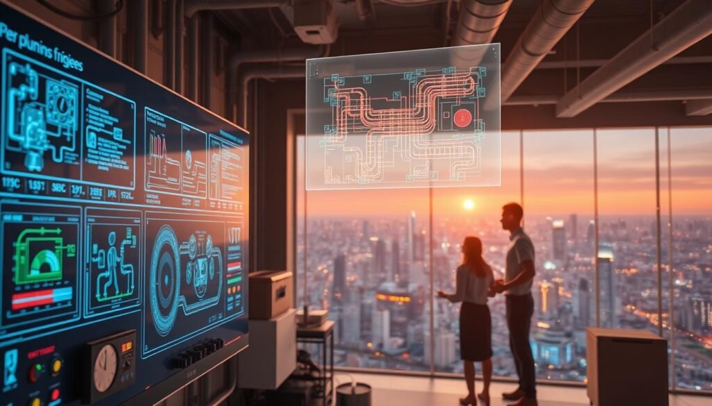 A futuristic plumbing engineer's workshop, bathed in a soft, warm glow. In the foreground, a sleek, AI-powered plumbing control panel, its interface displaying intricate schematics and real-time data. Hovering above it, a holographic projection of a complex pipe network, with color-coded flow patterns and predictive simulations. In the middle ground, a team of engineers collaborating, their faces illuminated by the glow of multiple high-resolution displays showcasing the integration of machine learning algorithms into the design process. The background reveals a panoramic view of a bustling, technologically-advanced city, where skyscrapers and futuristic infrastructure blend seamlessly with the natural environment.