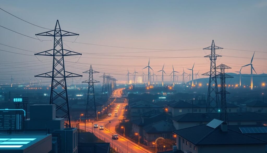 A futuristic smart grid system, with a seamless interplay of high-voltage power lines, substations, and distributed renewable energy sources. The foreground depicts a sleek, minimalist control center, with holographic displays and intuitive interfaces. The middle ground showcases a city skyline, illuminated by the warm glow of efficient LED streetlights and solar panels on rooftops. In the background, wind turbines dot the horizon, their blades spinning gently, harnessing the power of the elements. The scene is bathed in a soft, diffused light, creating a sense of harmony and technological sophistication. The overall mood is one of progress, sustainability, and the integration of AI-driven systems to manage the future of electrical infrastructure.