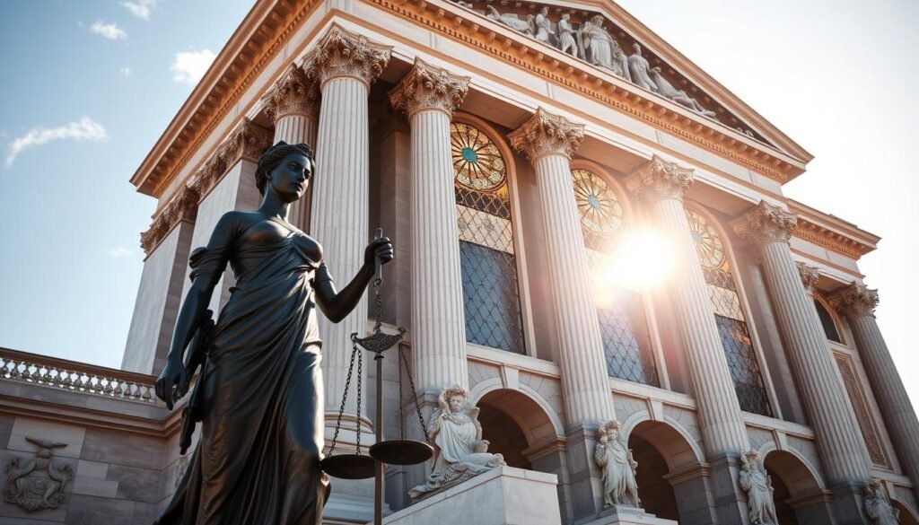 A grand marble edifice, the embodiment of constitutional safeguards, stands proud and majestic. Sunlight filters through ornate stained-glass windows, casting a warm, reverent glow. In the foreground, a bronze statue of Lady Justice, her scales and sword symbolizing the balance and impartiality of the law. Intricate carvings and reliefs adorn the façade, depicting the pillars of a democratic society - freedom, equality, and justice. The scene exudes a sense of solemnity and timelessness, a testament to the enduring principles that underpin the fundamental rights of every citizen.