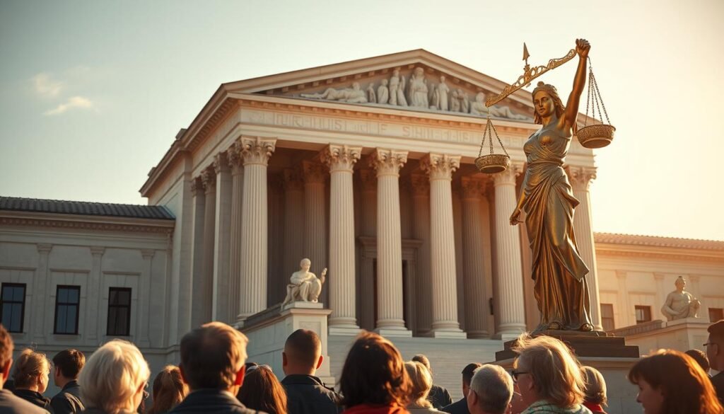 A grand statue of Lady Justice stands tall, her scales and sword symbolizing the balance and authority of the legal system. In the foreground, citizens gather reverently, their faces upturned as they contemplate the solemn significance of their fundamental rights. The scene is bathed in a warm, golden light, evoking a sense of timeless wisdom and profound respect for the rule of law. The background is a majestic, neoclassical building, its columns and arches reflecting the architectural grandeur that has long safeguarded the liberties of the people. The composition conveys the weight and gravity of the constitutional rights that empower and protect the citizens, inspiring a deep appreciation for the foundations of a just society.