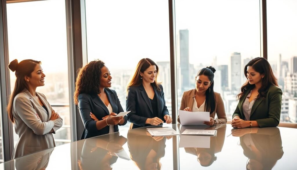 A group of confident, diverse women entrepreneurs gathered in a well-lit, modern office space. The foreground features three women - one Asian, one African-American, and one Caucasian - engaged in a lively discussion, their expressions animated and their body language open. In the middle ground, two other women, one Latina and one Middle Eastern, are intently reviewing documents on a sleek, glass-topped table. The background showcases a large, floor-to-ceiling window overlooking a bustling city skyline, bathed in warm, golden light. The overall scene conveys a sense of collaboration, determination, and empowerment among these successful female business leaders.