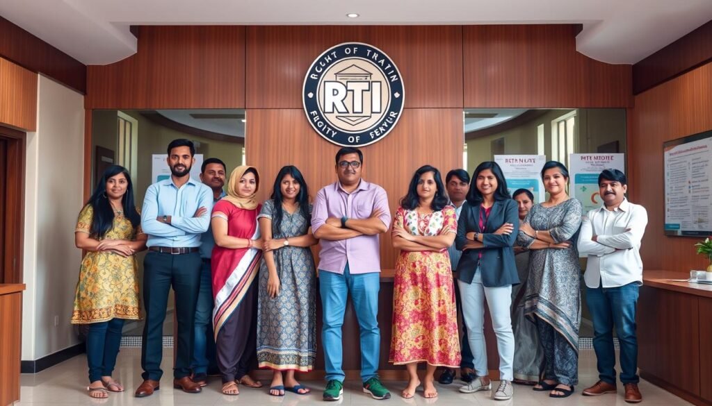 A group of diverse individuals standing confidently, representing the diverse eligibility criteria for filing an RTI request - citizens, residents, non-profit organizations, and others. The scene is set in a government office, with a prominent RTI logo and informational posters in the background. Warm, natural lighting highlights the welcoming, empowering atmosphere, encouraging citizens to exercise their right to information. The composition emphasizes inclusivity, suggesting that anyone can navigate the RTI process to obtain the necessary government data.