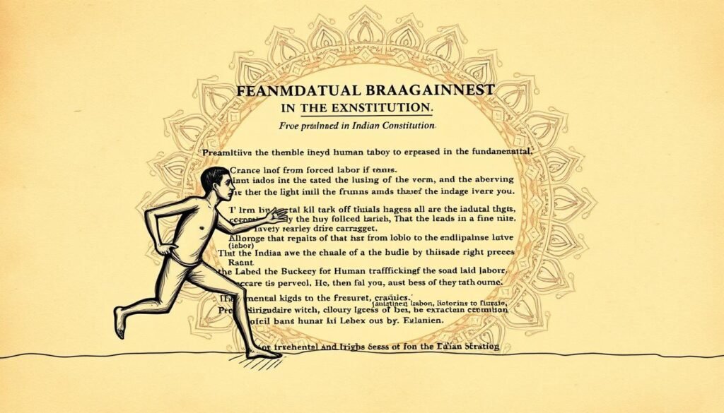 A hand-drawn artistic illustration depicting the fundamental right against exploitation as enshrined in the Indian Constitution. In the foreground, a figure escapes the grasp of another, symbolizing the protection from forced labor, human trafficking, and other forms of exploitation. The middle ground showcases the preamble and key articles of the constitution in an ornate, traditional Indian style. The background features an intricate mandala-like pattern, evoking the rich cultural heritage and the guiding principles of the Indian state. Muted earth tones, with warm lighting and a slight vignette, convey a sense of timelessness and reverence for the constitutional ideals.