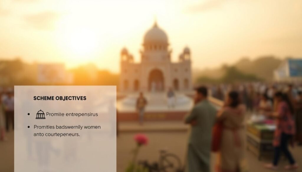 A high-quality image of the Stand-Up India Scheme objectives, captured with a professional-grade camera and a wide-angle lens. The foreground features a clean, minimalist design showcasing the scheme's key goals, such as promoting entrepreneurship, providing access to bank loans, and enabling financial support for women and SC/ST entrepreneurs. The middle ground displays a warm, inviting atmosphere with a soft, diffused lighting that creates a sense of optimism and empowerment. The background subtly hints at the scheme's broader impact, with a blurred cityscape or landscape that represents the economic and social development it aims to foster. The overall composition is balanced, visually striking, and effectively communicates the essence of the Stand-Up India Scheme.