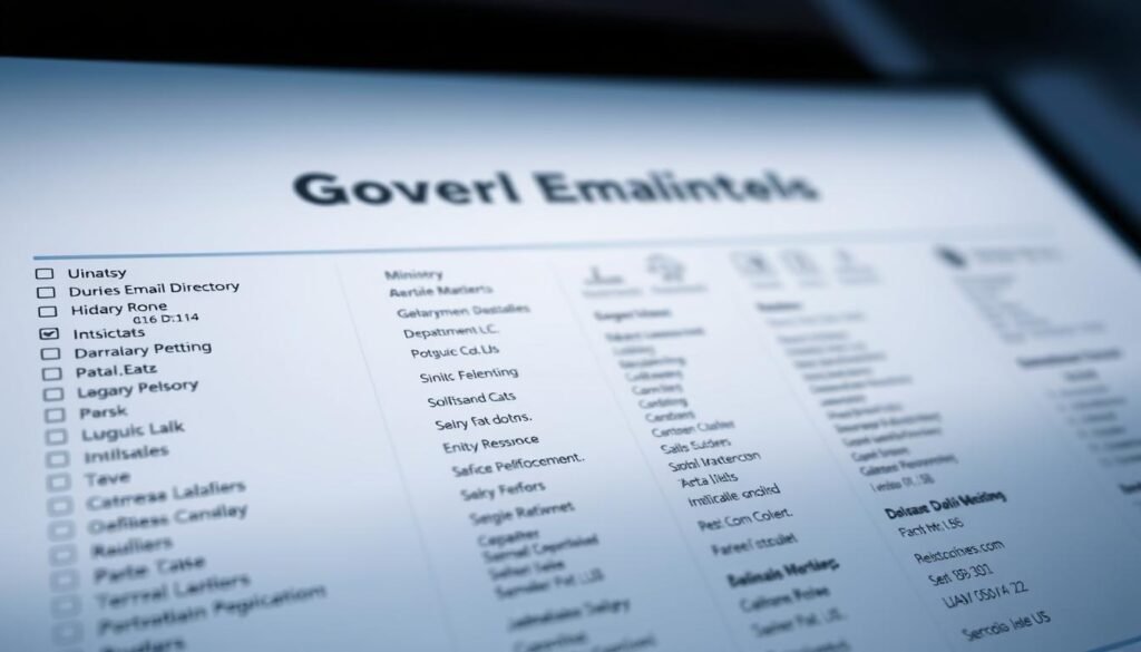 A high-resolution, detailed image of a government email directory. The foreground shows a clean, organized directory layout with various ministry and department names listed in neat columns. The middle ground features subtle icons and logos representing the different government agencies. The background has a soft, muted tone with a professional, institutional ambiance, conveying a sense of authority and reliability. The lighting is soft and diffuse, creating a balanced and harmonious composition. The angle is slightly elevated, giving an overview of the directory layout. The overall mood is one of efficiency, accessibility, and transparency in government communication.