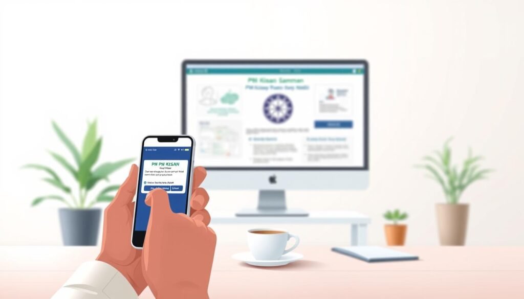 A high-resolution digital illustration depicting a person using a smartphone to check the status of their PM Kisan Samman Nidhi benefits online. The scene is set against a clean, minimalist background with soft lighting and a calming color palette. The foreground features the user's hands holding the smartphone, with the screen displaying the PM Kisan website interface. The middle ground showcases a desktop computer with various documents and a cup of coffee, subtly conveying the idea of a farmer's workstation. The background is blurred, creating a sense of depth and focus on the central action. The overall mood is one of efficiency, professionalism, and the user-friendly nature of the online platform.