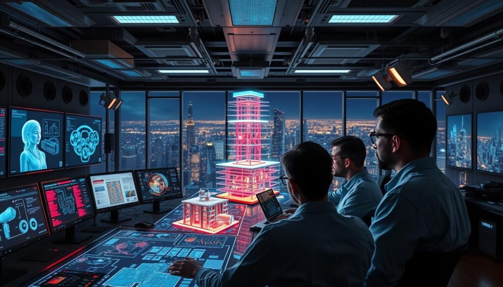 A high-tech control room with holographic displays, sensors, and monitoring systems. In the foreground, a team of engineers poring over schematics and data, their faces illuminated by the glow of the screens. In the middle ground, a 3D model of a building, its structure and fire safety systems rendered in vivid detail. The background features a cityscape of skyscrapers, with the night sky visible through floor-to-ceiling windows. The lighting is a mix of cool, technical tones and warm, natural hues, creating a sense of balance between human and artificial intelligence. The overall mood is one of innovation, precision, and a heightened awareness of the regulatory implications of integrating AI into fire safety systems.