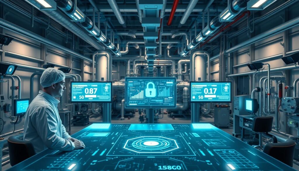 A high-tech data security control room in a sleek, modern mechanical engineering facility. The foreground features a central holographic display showcasing real-time cybersecurity metrics and threat indicators. In the middle ground, engineers in clean-room attire monitor the system, their faces illuminated by the glow of multiple screens. The background reveals a complex maze of pipes, valves, and intricate machinery, all under the watchful eye of advanced surveillance cameras. Soft, cool lighting casts dramatic shadows, creating an atmosphere of technological sophistication and vigilance. The scene conveys the critical importance of robust data security in the evolving world of mechanical engineering.