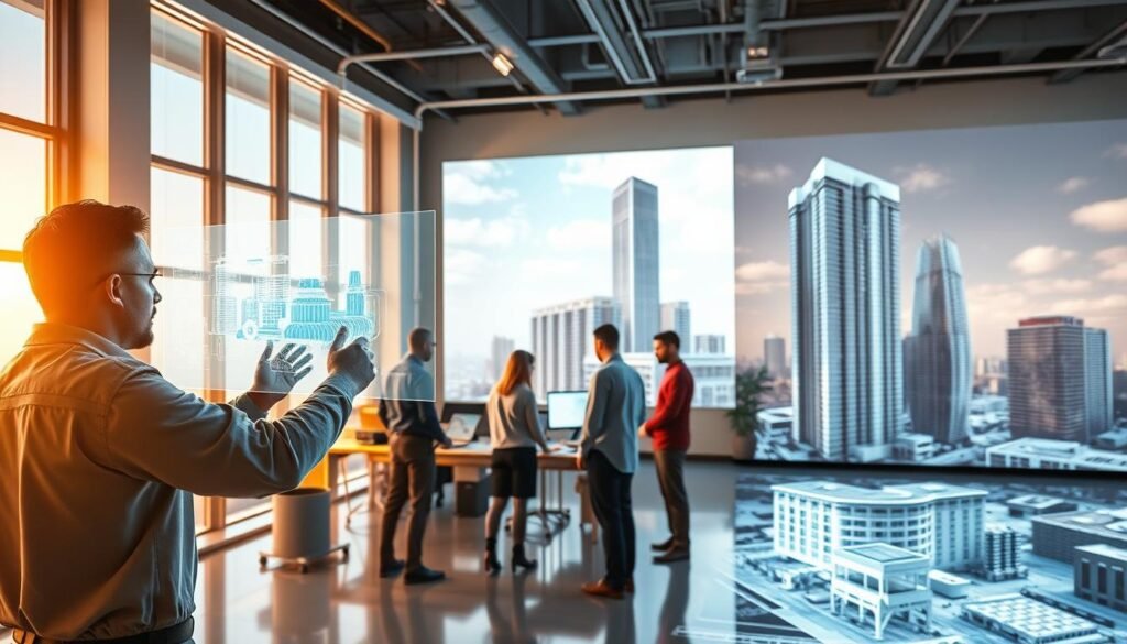 A high-tech office interior, bathed in warm, natural lighting from floor-to-ceiling windows. In the foreground, an engineer reviews 3D models of an HVAC system on a sleek, holographic display. In the middle ground, a team of architects and engineers collaborate on a building information modeling (BIM) software, coordinating MEP systems and construction plans. In the background, a massive digital twin of a skyscraper project is projected on the wall, showcasing how AI-powered simulations can optimize building performance and efficiency. The atmosphere is one of cutting-edge innovation, where advanced technology seamlessly integrates with the workflow of modern MEP engineering. A high-tech office interior, bathed in warm, natural lighting from floor-to-ceiling windows. In the foreground, an engineer reviews 3D models of an HVAC system on a sleek, holographic display. In the middle ground, a team of architects and engineers collaborate on a building information modeling (BIM) software, coordinating MEP systems and construction plans. In the background, a massive digital twin of a skyscraper project is projected on the wall, showcasing how AI-powered simulations can optimize building performance and efficiency. The atmosphere is one of cutting-edge innovation, where advanced technology seamlessly integrates with the workflow of modern MEP engineering.