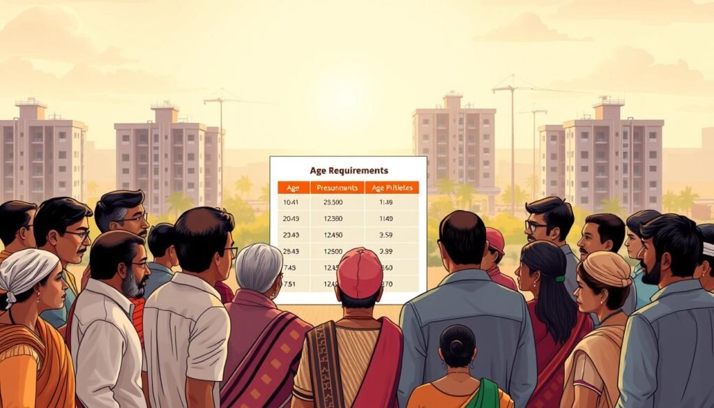 A highly detailed illustration of the age requirements for the Pradhan Mantri Awas Yojana (PMAY) housing scheme. The foreground depicts a group of diverse individuals, varying in age, gender, and socioeconomic status, all gathered around a central informational display. The display showcases the specific age criteria for PMAY applicants, presented in a clear and concise manner. The middle ground features a modern urban landscape, with apartment buildings and infrastructure that represent the affordable housing options available under the scheme. The background is bathed in a warm, inviting light, conveying a sense of hope and opportunity for those seeking to improve their living conditions. The overall composition is designed to be visually engaging and informative, effectively communicating the key details of the PMAY age requirements to the viewer.