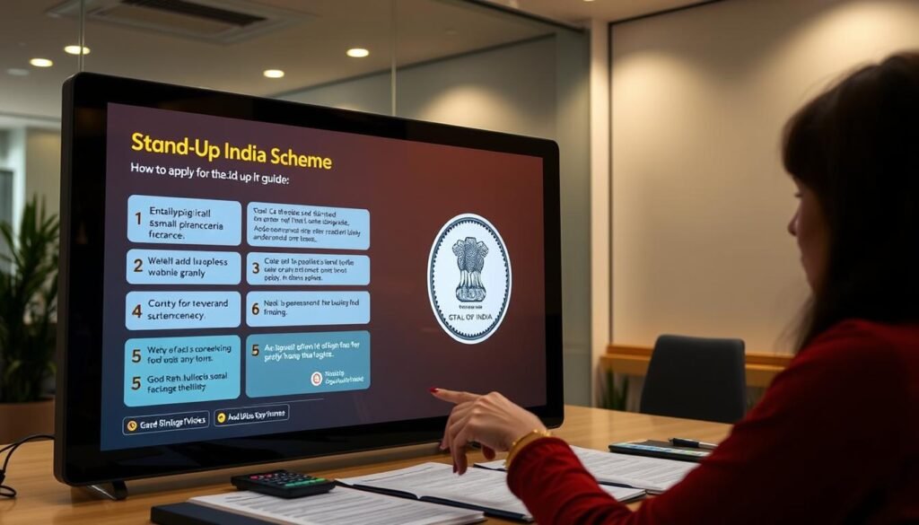 A large, desk-mounted touchscreen display with a step-by-step guide on how to apply for the Stand-Up India Scheme, illuminated by warm, indirect lighting. In the foreground, a woman's hands navigate the digital interface, with financial documents and a calculator visible on the desk. The middle ground features a government logo and branding, conveying the official nature of the program. The background is a clean, modern office setting, suggesting a professional and accessible environment for small business owners to access government support.