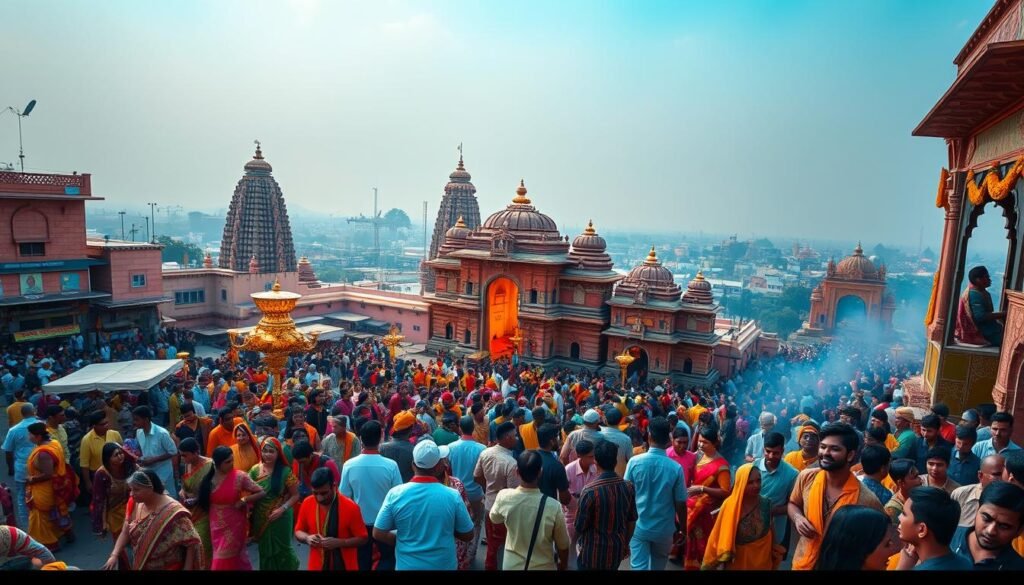 A lively scene of a bustling Indian festival, with a vibrant parade of colorfully-dressed dancers and musicians in the foreground. In the middle ground, towering temples and ornate arched gateways are bathed in warm golden light. The background features a crowded cityscape, with a hazy blue sky overhead. The atmosphere is one of joyous celebration, with a sense of timeless tradition and cultural richness. The image is captured with a wide-angle lens, creating a dynamic, immersive perspective.