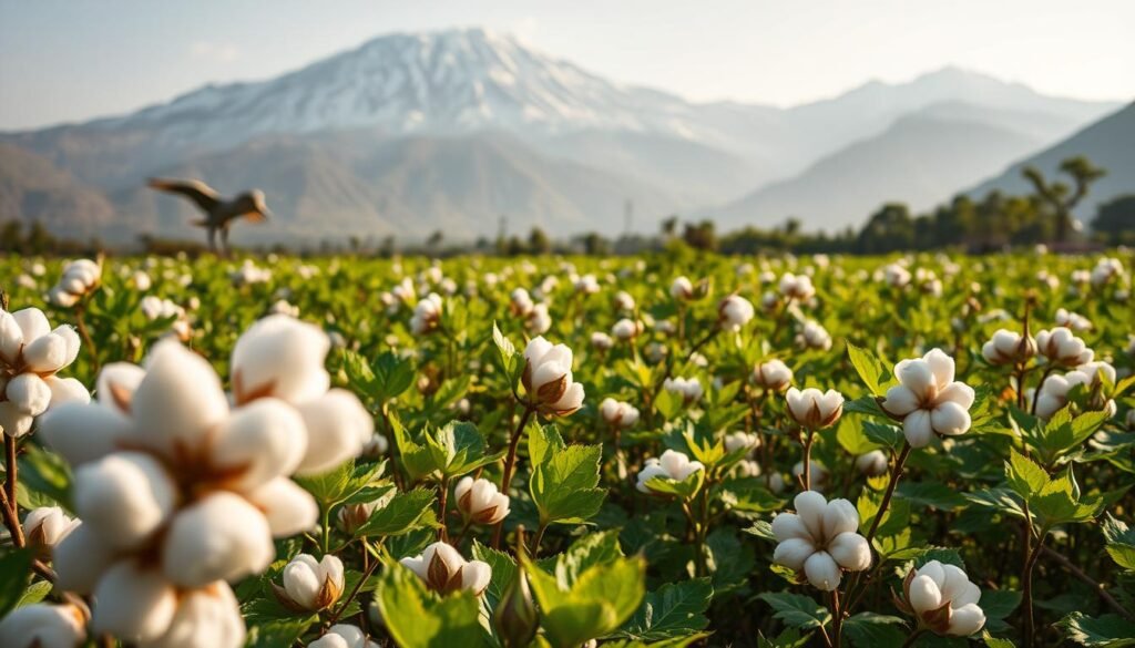 A lush, verdant field of vibrant green cotton plants, their fluffy white bolls gently swaying in the warm breeze. In the background, a towering mountain range with snow-capped peaks, bathed in golden sunlight. Foreground details include intricate patterns of traditional Indian textile designs, woven into the fabric of the cotton plants themselves, reflecting the rich heritage and ingenuity of Indian textile innovation. The scene is captured with a cinematic, wide-angle lens, creating a sense of awe and wonder at the timeless beauty and significance of this ancient Indian invention.