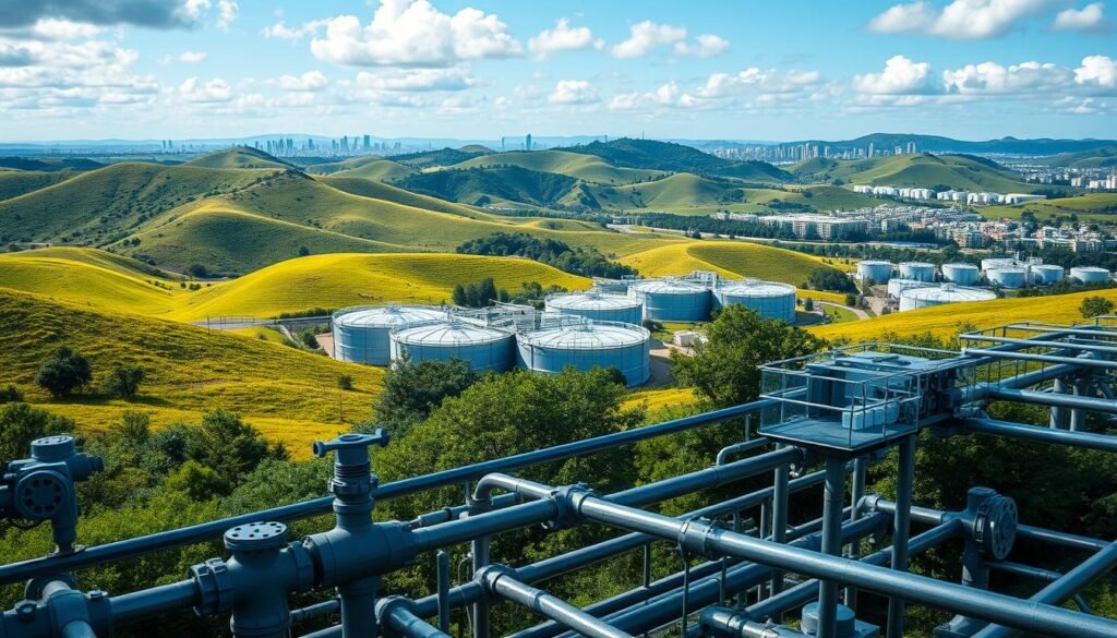 A lush, verdant landscape with rolling hills, where a state-of-the-art water treatment facility stands tall, its sleek, futuristic design seamlessly blending with the natural environment. In the foreground, a network of pipes and valves regulate the flow of water, while sensors and control panels monitor efficiency. The middle ground showcases a series of interconnected water storage tanks, each reflecting the azure sky above. In the background, a bustling city skyline hints at the widespread implementation of these AI-driven water management solutions, bringing harmony between urban development and sustainable resource utilization.