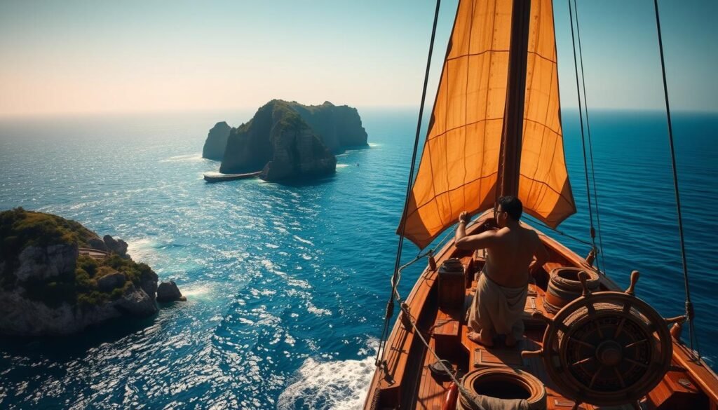 A majestic ancient Indian sailing vessel, its elegant sails billowing in the wind, navigating the vast, azure expanse of the open sea. The ship's hull is adorned with intricate carvings and symbols, a testament to the navigational prowess of its crew. In the foreground, a skilled helmsman expertly guides the ship, their gaze fixed on the horizon, scanning for landmarks and celestial bodies that will aid their journey. The middle ground is filled with the bustling activity of the crew, tending to the rigging and supplies, their faces etched with a sense of purpose and adventure. In the background, a breathtaking panorama of the coastline unfolds, with towering cliffs, lush foliage, and a shimmering, sun-dappled sea. The lighting is warm and golden, casting a soft, romantic glow over the scene, evoking the timeless allure of ancient Indian maritime exploration.