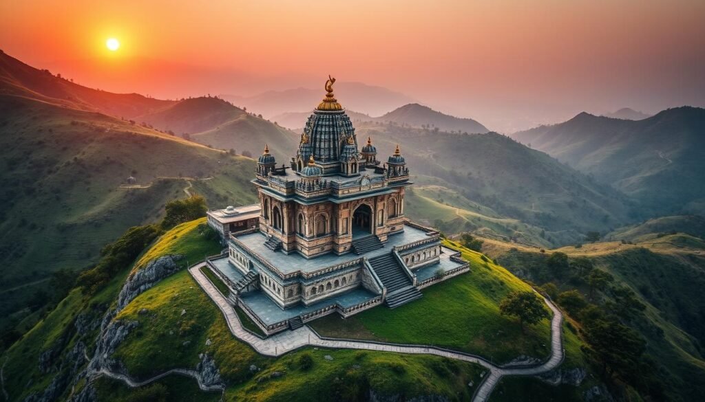 A majestic stone temple nestled atop a lush, verdant mountain, bathed in the warm glow of the setting sun. The intricate façade features ornate carvings and towering spires, reflecting the rich architectural heritage of the Nanda Devi region. Surrounding the temple, a serene landscape of rolling hills, winding paths, and ancient trees, creating an atmosphere of tranquility and timelessness. The image captures the temple's mystical aura, inviting the viewer to explore its captivating history and the profound spiritual significance it holds within this remote and enigmatic corner of India.