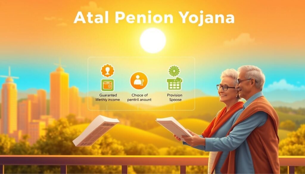 A meticulously rendered digital illustration showcasing the key benefits of the Atal Pension Yojana. In the foreground, a retiree couple cheerfully receives a stack of pension documents against a backdrop of a modern cityscape. The middle ground features vibrant icons representing the guaranteed lifelong monthly income, the choice of pension amounts, and the provision for the spouse. The background depicts a serene landscape with lush greenery, a clear blue sky, and a gently setting sun, symbolizing the financial security and peace of mind provided by the scheme. The entire scene is bathed in a warm, golden hue, conveying a sense of comfort and prosperity.