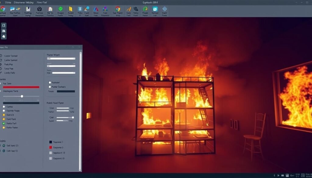 A modern and sleek fire dynamics simulation software interface, showcasing a 3D rendering of a building interior with realistic smoke and flame effects. The foreground features a control panel with various parameters and settings, while the middle ground displays a detailed simulation of a fire spreading through the structure. The background is dimly lit, creating a sense of urgency and immersion. The lighting is dramatic, with warm tones highlighting the flames and cooler tones for the smoke, creating a cinematic atmosphere. The camera angle is slightly elevated, providing a comprehensive view of the simulation, emphasizing the software's ability to visualize complex fire behavior for engineering and safety applications.