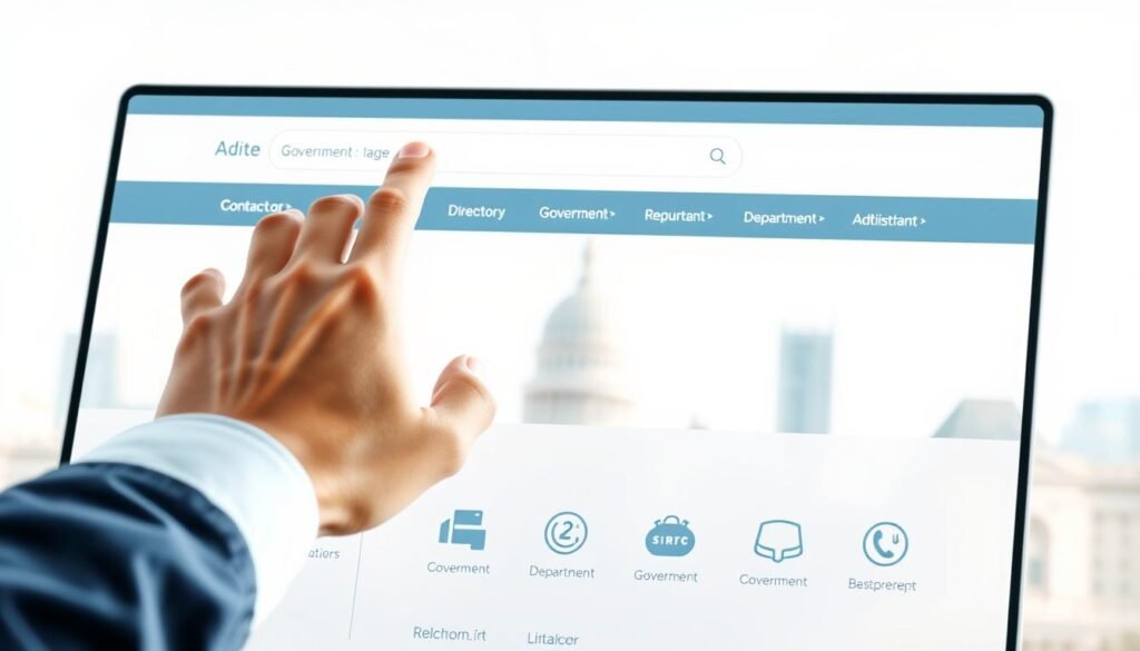 A modern, bright and informative digital illustration showcasing the process of navigating government websites to find contact information. In the foreground, a hand navigating through a clean, user-friendly website interface, with prominent search bars and directory menus. In the middle ground, a series of neatly organized government department logos and icons. In the background, a soft, blurred cityscape with government buildings, suggesting the official and administrative nature of the content. The overall scene is lit by natural, diffused lighting, creating a sense of clarity and professionalism. The composition and color palette evoke a tone of approachability and efficiency in accessing government resources online.