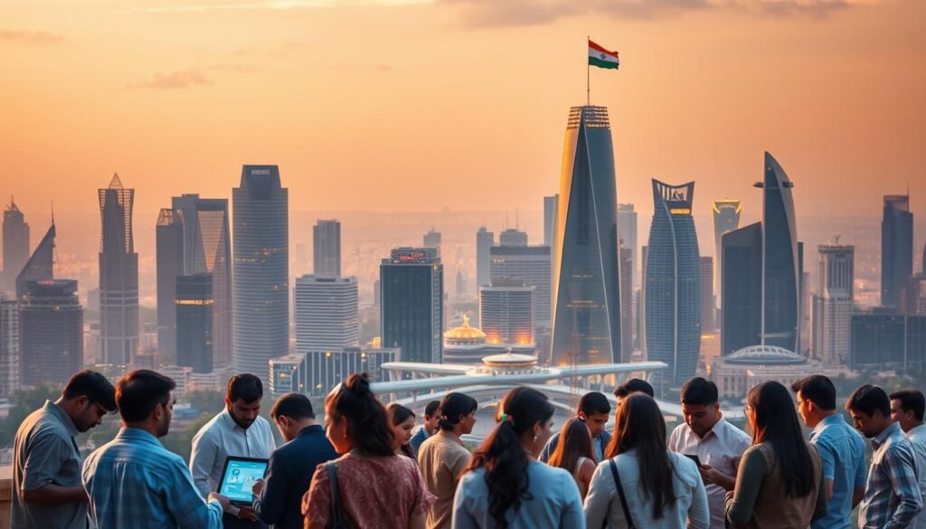 A modern cityscape with towering skyscrapers and sleek high-rise buildings, illuminated by warm, golden-hued lighting that casts a vibrant glow across the urban landscape. In the foreground, a diverse group of people are gathered around tablet devices, engaged in digital financial transactions and discussions, representing the tech-savvy Indian FinTech sector. The middle ground features innovative financial technology interfaces, digital wallets, and mobile banking apps, showcasing the seamless integration of technology into everyday financial activities. In the background, a panoramic view of the city skyline, with the iconic Indian flag fluttering atop one of the buildings, symbolizing the nation's embrace of financial technology and its impact on financial literacy.