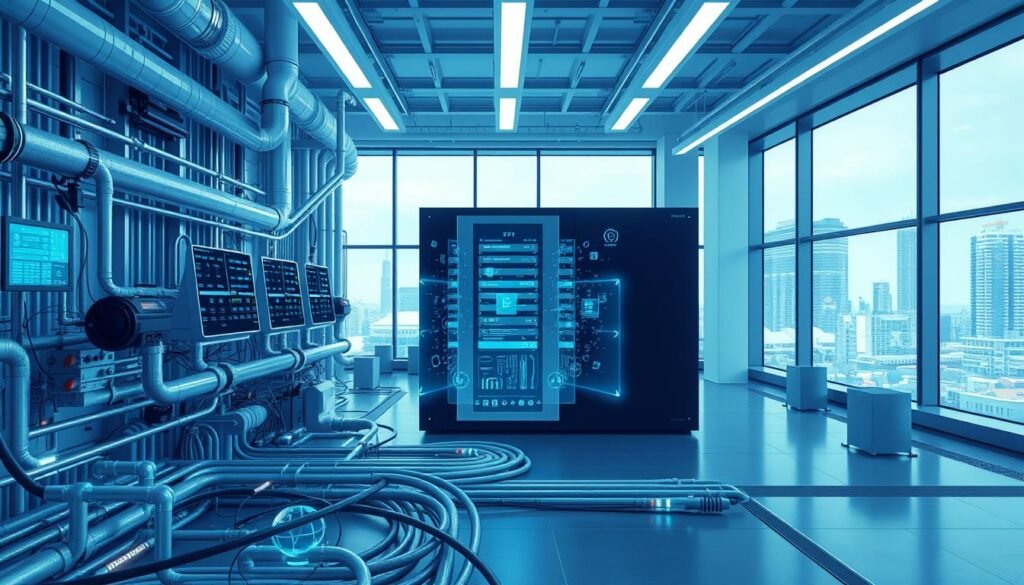 A modern, highly detailed 4K render of a futuristic MEP (Mechanical, Electrical, and Plumbing) engineering technology system. The foreground showcases a complex network of pipes, ducts, and cables elegantly intertwined, with digital displays and control panels providing real-time data. The middle ground features a sleek, high-tech server rack surrounded by holographic projections, while the background depicts a minimalist, industrial-style interior with large windows overlooking a cityscape. The scene is bathed in a cool, blue-tinted lighting, creating a sense of technological sophistication and innovation. The overall atmosphere conveys the cutting-edge nature of MEP engineering in the age of AI and automation. A modern, highly detailed 4K render of a futuristic MEP (Mechanical, Electrical, and Plumbing) engineering technology system. The foreground showcases a complex network of pipes, ducts, and cables elegantly intertwined, with digital displays and control panels providing real-time data. The middle ground features a sleek, high-tech server rack surrounded by holographic projections, while the background depicts a minimalist, industrial-style interior with large windows overlooking a cityscape. The scene is bathed in a cool, blue-tinted lighting, creating a sense of technological sophistication and innovation. The overall atmosphere conveys the cutting-edge nature of MEP engineering in the age of AI and automation.