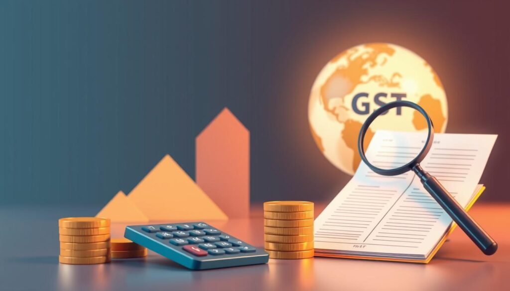 A modern, minimalist illustration depicting the core components of the Goods and Services Tax (GST) system. In the foreground, a stack of coins and a calculator symbolize the financial aspects, with a ledger and magnifying glass conveying the administrative and compliance elements. The middle ground features abstract geometric shapes in muted tones representing the various GST tax slabs and rates. In the background, a stylized globe hints at the broad, nationwide scope of the GST regime. The overall scene is illuminated by warm, directional lighting, creating a sense of professionalism and authority, befitting the technical nature of the subject matter.