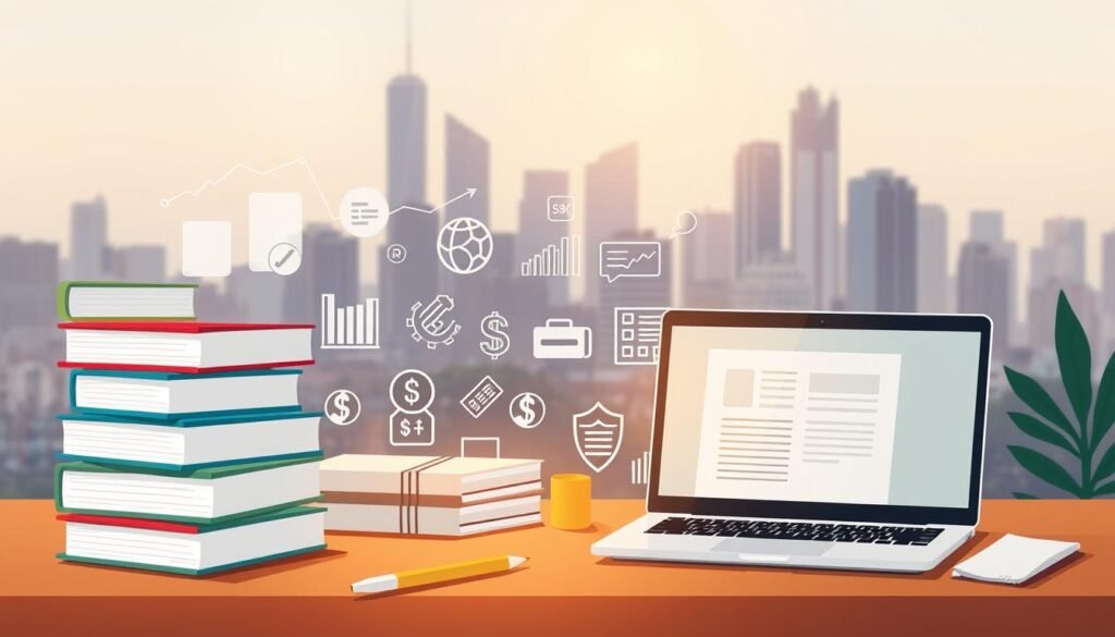 A modern, minimalist illustration depicting various investment vehicles and financial education resources. In the foreground, a stylized stack of books, pens, and a laptop symbolize financial literacy and investment research. The middle ground features abstract icons representing investment options like stocks, bonds, mutual funds, and real estate. The background showcases a serene cityscape with skyscrapers, suggesting the urban landscape of financial markets. Warm, natural lighting casts a soft glow, creating an inviting and informative atmosphere. The composition balances simplicity and sophistication, reflecting the core themes of investment education.