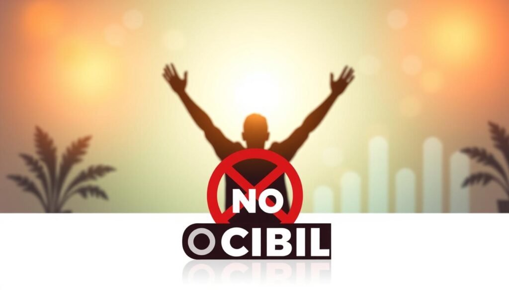 A modern, minimalist illustration showcasing the government's initiative for first-time borrowers. In the foreground, a clean, geometric depiction of the "No CIBIL" concept, rendered in a bold, striking palette. The middle ground features a silhouette of a person, arms raised in celebration, against a softly blurred backdrop of financial symbols and graphs. Warm, diffused lighting casts a sense of optimism and progress, while the overall composition conveys a message of accessible, inclusive finance for all.