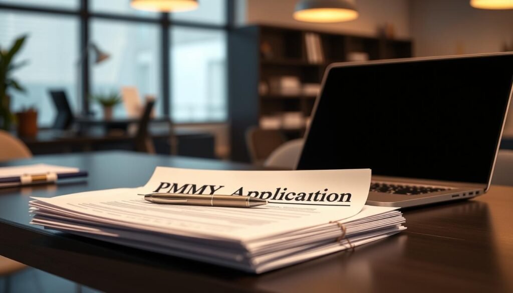 A modern, minimalist office desk with a laptop, pen, and a stack of documents labeled "PMMY Application." The lighting is soft and warm, creating a professional and inviting atmosphere. The background is a blurred, clean workspace with hints of office supplies and organization. The focus is on the application materials, conveying a sense of efficiency and streamlined administrative processes for small business loan applications. A modern, minimalist office desk with a laptop, pen, and a stack of documents labeled "PMMY Application." The lighting is soft and warm, creating a professional and inviting atmosphere. The background is a blurred, clean workspace with hints of office supplies and organization. The focus is on the application materials, conveying a sense of efficiency and streamlined administrative processes for small business loan applications.