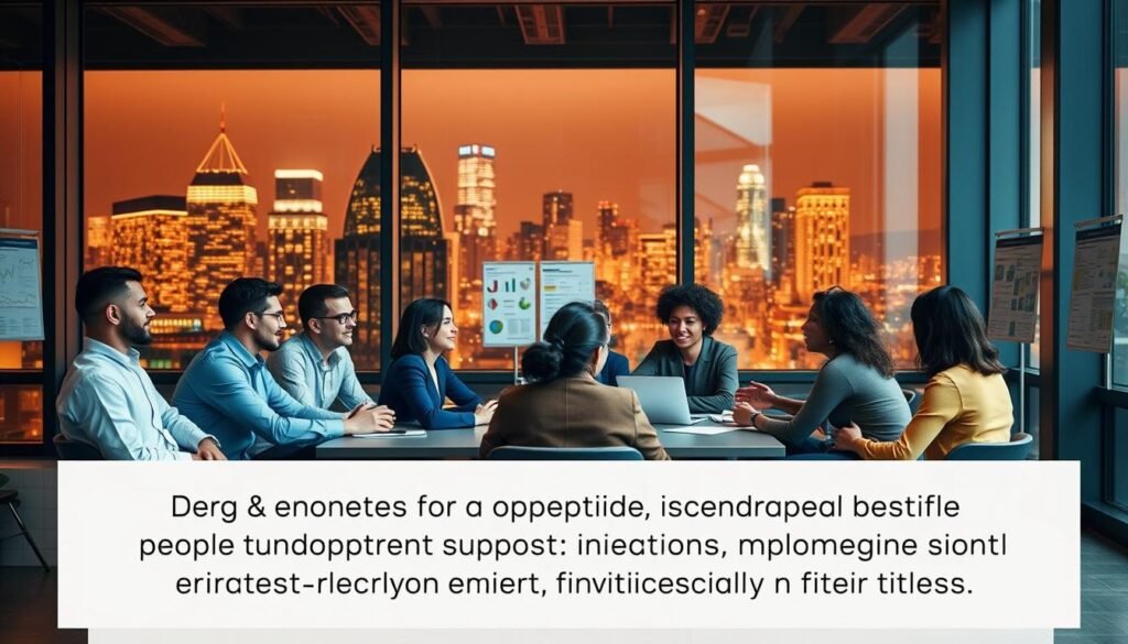 A modern office interior with a large window overlooking a vibrant city skyline. In the foreground, a group of diverse people sitting around a table, engaged in a lively discussion about financial topics. They are dressed in professional attire, and their body language suggests an atmosphere of collaboration and learning. The middle ground features educational materials, such as charts, graphs, and informational posters, displayed on the walls. The background has a warm, inviting lighting, creating a sense of professionalism and productivity. The overall scene conveys a sense of financial awareness, empowerment, and the importance of government-supported financial literacy initiatives.